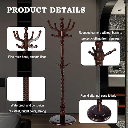 Coat Racks FreeStanding with 11 Hooks, Natural Wood Coat Rack with Solid Round Base, Adjustable Height Coat Racks, Easy Assembly for Hallway, Bedroom and Office (Walnut-Solid Round Base)