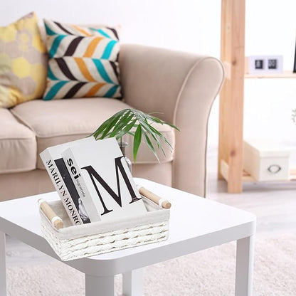 Storage Basket Wicker Baskets for Organizing with Handle Decorative Storage Bins for Countertop Toilet Paper Storage Basket for Toilet Tank Top Small Baskets Set (Set of 2,White)