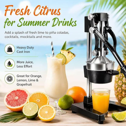 Y-ME Cast Iron Juicer, Heavy Duty Manual Citrus Press with Stainless Steel Detachable Strainers, Hand Juicer for Orange, Lemon, Lime & Grapefruit, Easy to Clean, Black