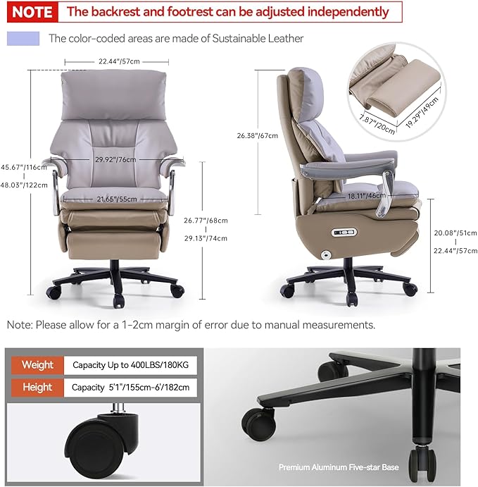 EMIAH Ergonomic Office Chair with Foot Rest Electric Executive Office Chair Reclining with Massage Big and Tall High Back Computer Chair with Wheels, Sustainable Leather (Light Khaki)
