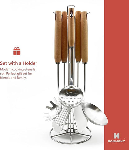 Cooking Utensils Set, 8-Piece 304 Stainless Steel Kitchen Tool Sets with Holder, Wooden Handle Heat Resistant Kitchen Cookware Set, Gadgets Tools Set Gift