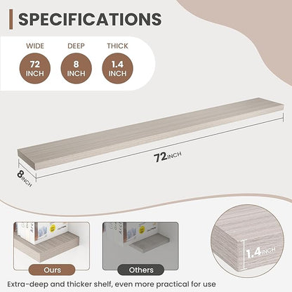 Acovy 72 Inch Floating Shelves, 8 Inch Deep Floating Shelves for Wall, Hanging Shelf with Invisible Brackets, Deep Shelves for Bathroom, Bedroom, Living Room, Grey, Set of 2