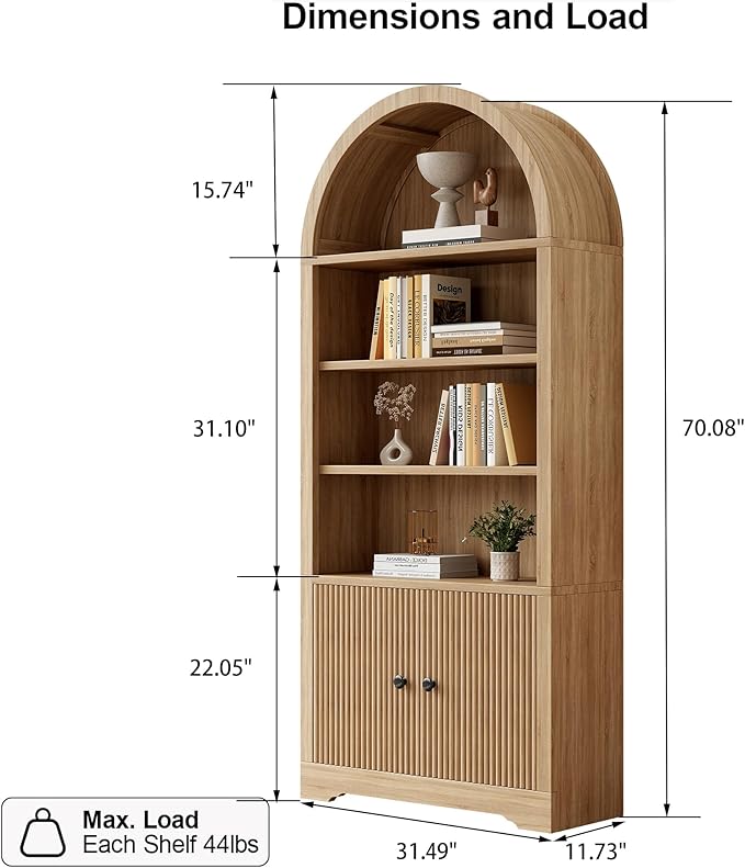 LCVTNDArched Bookcase with Storage, 6 Tier Bookshelf with Door, Freestanding Display Storage Cabinet Farmhouse Storage Shelves for Living Room,Bedroom Home Office,Natural Oak*2