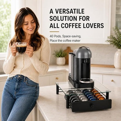 Tempered Glass Coffee Pod Drawer, Nespresso Vertuo Capsule Holder Organizer for 40 Pods, Under Coffee Maker Storage, Compatible with Vertuo Next/Plus, 14.76"x12.99"x3.5"