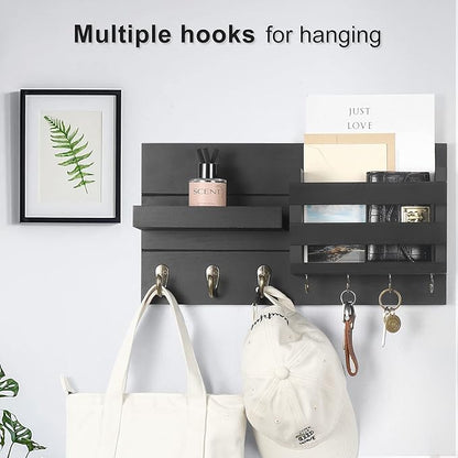 Lwenki Mail Organizer for Wall Mount – Key Holder with Shelf Includes Letter Holder and Hooks for Coats, Dog Leashes – Rustic Wood with Flush Mounting Hardware (16.5” x 8.7” x 3.5”)