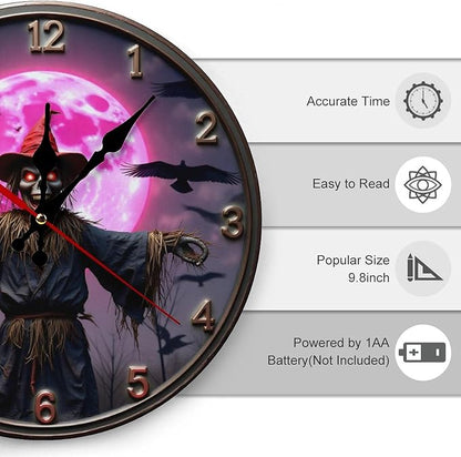 Wall Clock, Spooky Scarecrow Non Ticking Wall Clocks Battery Operated, Black Wooden Wall Clocks for Living Room, Kitchen, Halloween Decorative 10 Inch
