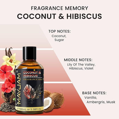 Coconut & Hibiscus Fragrance Oil Essential Oil, MAYJAM 3.38FL.OZ Coconut & Hibiscus Oil for Diffusers for Home, Long Lasting Scented Oils for Soap Candle Making - 100ML