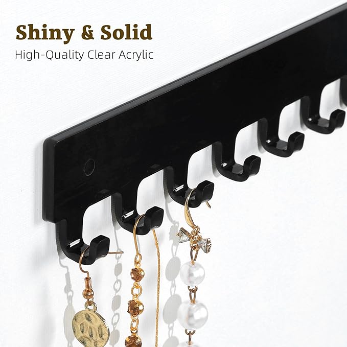 Acrylic Necklace Holder 4 Pack Wall Mounted Necklace Organizer Hanging Jewelry Organizer with 12 Hooks for Necklaces, Bracelets, Rings and Bangles Display Black