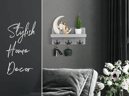 Rebee Vision Decorative Key Holder for Wall: Stylish Farmhouse Mail Organizer Wall Mount with Floating Shelf and 3 Anchor Key Hooks - Rustic Home Decor for Entryway (Light Gray)