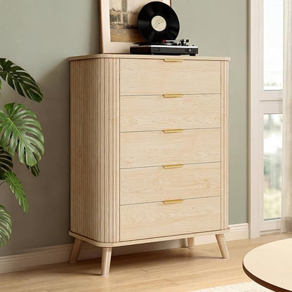 ADORNEVE Fluted Dresser for Bedroom,Tall Modern Chest of Drawers with 5 Drawers, Vertical Dressers,Wood Closet Clothes Storage Organizer for Living Room, Hallway, Natural Oak