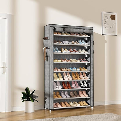 LANTEFUL Shoe Rack with Covers 10 Tier Tall Shoe Rack Organizer Large Capacity Shoe Shelf Storage 40 Pairs Space Saving Free Standing Shoe Storage Organizer for Closet, Entryway, Dorm, Printing