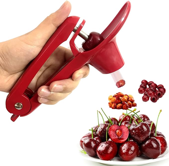 Cherry Pitter Tool, Heavy-Duty Stainless Steel Pitting Tool, Portable Cherries Corer Stoner Seed Tool with Lock Design, Fruit Pit Remover for Cherry Jam (Red)