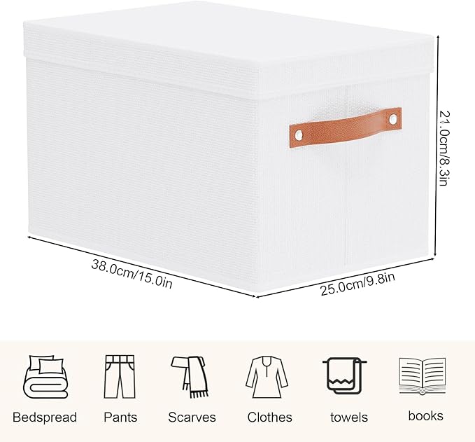 YheenLf Storage Boxes with Lids, 15 x 9.8 x 8.3 Inch Storage Baskets for Shelves, Decorative Closet Organizers with Handles, White, 5-Pack