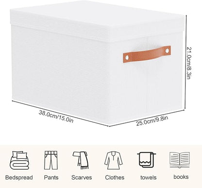YheenLf Fabric Storage Bins with Lids, 15 x 9.8 x 8.3 Inch Storage Boxes for Shelves Wardrobe Bedroom, Closet Organizers with Handles, White, 3-Pack