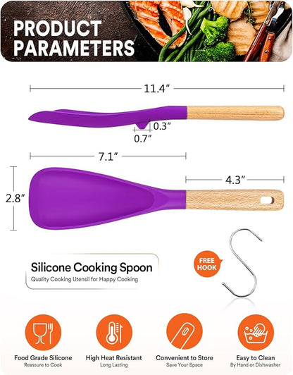 Cooking Spoon for Nonstick Cookwares, Great for Cooking and Serving Sturdy BPA-Free Matte Silicone, Wood Handle Spoon for Mixing, Scoop, and Scrape (BERRY, 11.4 inch)
