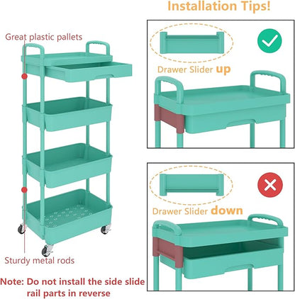 Calmootey 4-Tier Rolling Utility Cart with Drawer,Multifunctional Storage Organizer with Plastic Shelf & Metal Wheel,Storage Cart for Kitchen,Bathroom,Living Room,Office,Green