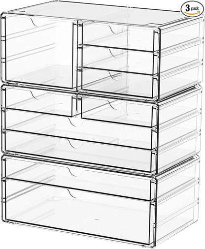 Yieach 3Pack Clear Drawer Organizers Stackable,Acrylic Storage Drawers With 10 Drawers,Multipurpose Office Supply Organizer and Makeup Organizer for Beauty,Craft,Pen,Medical,Stationary Desk Organizers