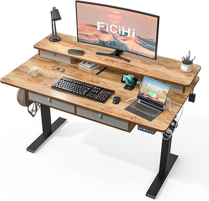FiCiHi Adjustable Height Standing Desk with 4 Drawers,55 x 30 inches Electric Sit Stand Home Office Desk with Two Tiers, 3 Memory Presets, Monitor Stand Riser, USB A/C Charging Port