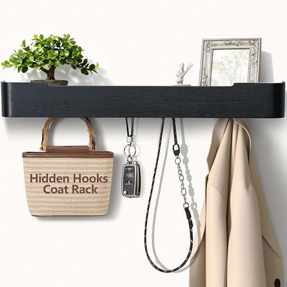 Coat Rack Wall Mount with Shelf 8 Hidden Hooks Modern Wooden Key Holder Entryway Organizer for Hallway Bedroom Bathroom Home Decor Storage for Hanging Coats Hats Bags Towels, Black