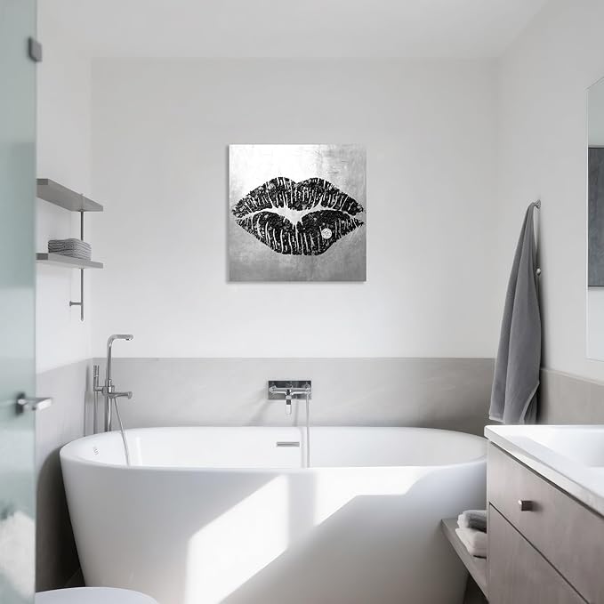 Lip Canvas Wall Art Black and Grey Wall Decor Sexy Lip Poster Framed Picture Gray Room Decor for Bedroom Bathroom Makeup Room 24x24Inch