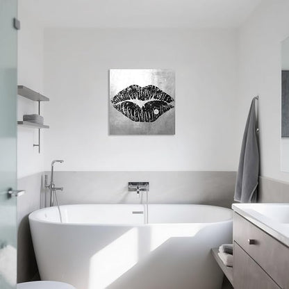 Lip Canvas Wall Art Black and Grey Wall Decor Sexy Lip Poster Framed Picture Gray Room Decor for Bedroom Bathroom Makeup Room 24x24Inch