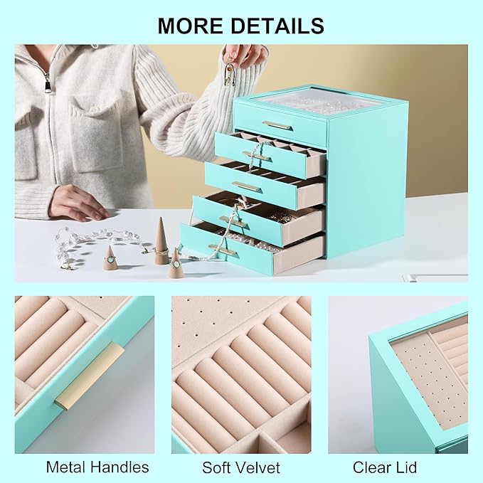 Frebeauty Clear Lid Jewelry Box,5-Layer Jewelry Organizer with Drawer,PU Leather Jewelry Organizers and Storage,Jewelry Boxes for Women,Jewelry Storage for Rings Earring Stud,Gift for Women(Turquoise)