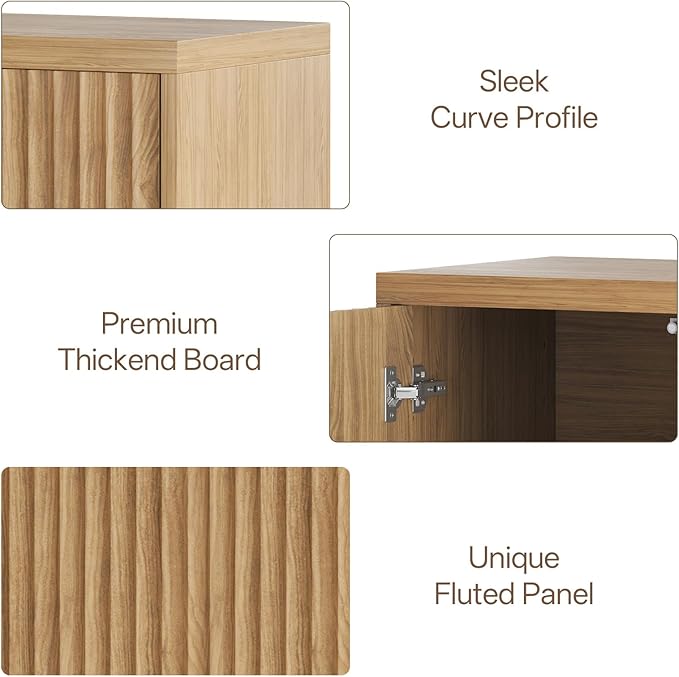 31” Sideboard Cabinet with Storage, Fluted Accent Cabinet with Adjustable Shelves, Modern Wood Credenza Cabinets with Pop-up Doors for Entryway Kitchen Living Room Hallway, Oak