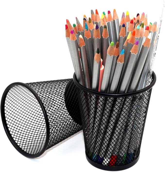SLSON 4 Pack Pen Holder Metal Mesh Pencil Holders Round Shaped Pen Holders for Desk Office Wire Mesh Container Pen Organizer,Black