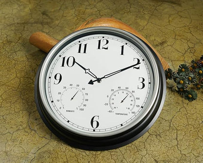Rsobl 16 Inch Large Indoor Outdoor Wall Clock,Waterproof Non-Ticking Clock with Thermometer and Hygrometer Combo,Battery Operated Clock Wall Decorative- Silver