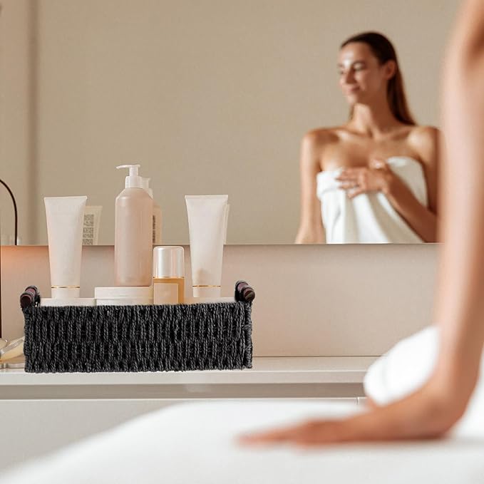 Boao 3 Pcs Boho Storage Wicker Baskets Handmade Woven Decorative Paper Rope Baskets for Organizing with Handle Countertop Toilet Paper Storage Container for Toilet Tank Top(Black,Rectangle)