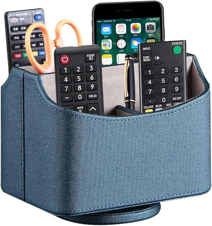 PUSU Remote Control Holder PU Leather 360 Degrees Rotatable Desktop Supply Organizer Storage Box for Controllers Media Stationery Nightstand TV Caddy E-reader iPad Phone Pen/Pencil Cosmetic