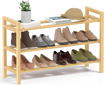Haddockway Bamboo Shoe Rack for Closet, Free Standing Shoe Organizer with Smooth Round Rods & Convenient Handles, Stackable Shoe Storage Shelf for Entryway, Hallway(Natural, 3-Tier)