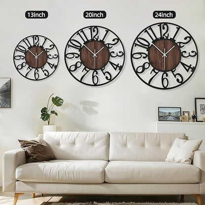 Maxstar Large Round Wall Clock for Living Room Decor Battery Operated Non Ticking Black Metal Wood Clocks for Home Living Room Garden Farmhouse Office Kitchen Decoration -24 inch