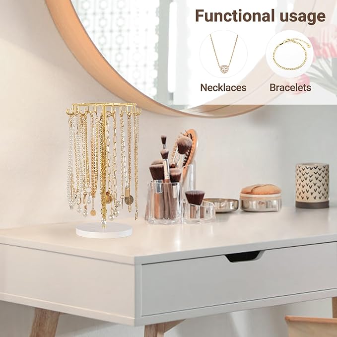Mkono Necklace Holder Metal Jewelry Display Stand Necklace Organizer with 22 Hooks for Storage and Hanging Bracelet Keychain Home Room Decor for Women,Gold