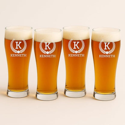 Froolu Customized Gifts for Men - Personalized Beer Glass Set w Engraved Coasters - Monogram Etched Pilsner Glasses Great for Family Home Bar - Valentine's, Housewarming, Christmas & More.