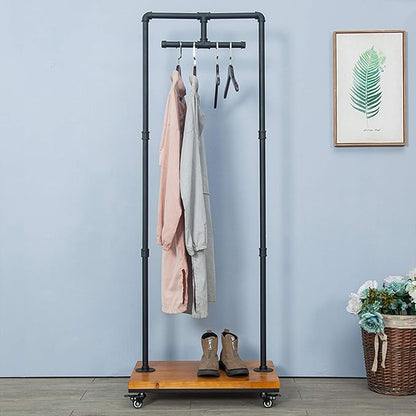 Industrial Pipe and Wood Rolling Clothes Retail Heavy Duty Garment Racks,Metal Clothing Store Hanger Storage Shelves,Floor-Standing Display Rack,Decor Pipeline Shelf (Black)