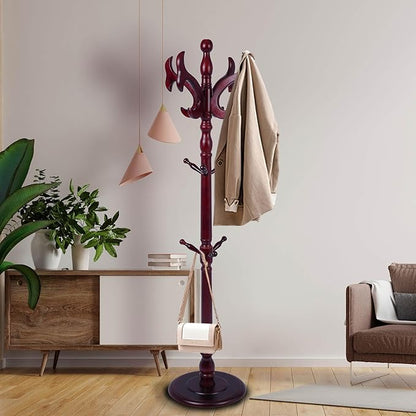 Wooden Coat Rack Freestanding with 14 Hooks Antler Shaped, 72'' Vintage Coat Racks Tree, Adjustable Height, Coat Hanger Stand with Sturdy Base, Coat Tree Hats Hanger for Living Room, Bedroom, Entryway