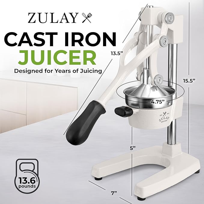 Zulay Kitchen Cast Iron Juicer - Heavy Duty Manual Juicer with Detachable Strainers for Easy Cleaning, Orange Juice Press for Citrus Fruits, Perfect for Bartenders, Juice Lovers & Health Enthusiasts