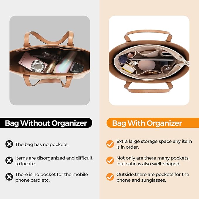 SDANG Purse Organizer Insert with Zipper – Pink Handbag & Tote Bag Organizer | Bag-in-Bag Insert with Pockets for Purses, Totes & Travel(Beige,Large 30)