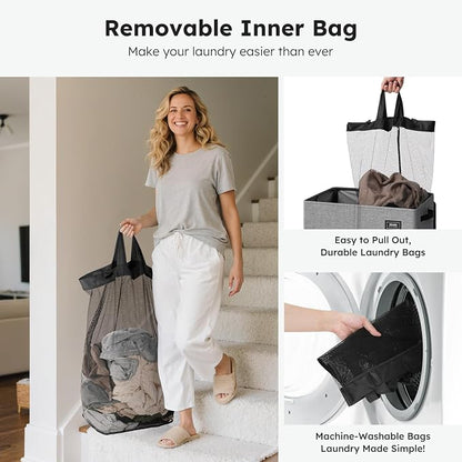 SOLEDI Double Laundry Hamper with Lid, 47.8 Gal (180L) Large Laundr Basket 2 Section with 2 Side Pockets, Dirty Clothes Hamper with Removable Bag, Easy to Carry for Laundry Room, Bedroom, Grey