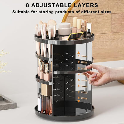 Rotating Makeup Organizer, DIY 8 Adjustable Layers Spinning Skincare Storage, Cosmetic Display Case with Brush Holder and Perfume Tray, Multi-Function Vanity Bathroom Countertop Organizer Black