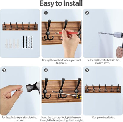 Coat Rack Wall Mount, Wooden Heavy Duty Coat Rack for Wall,6 Triple Coat Hanger Hooks for Hanging Coats,Jacket,Hat,Clothes (Brown, 6 Hooks)