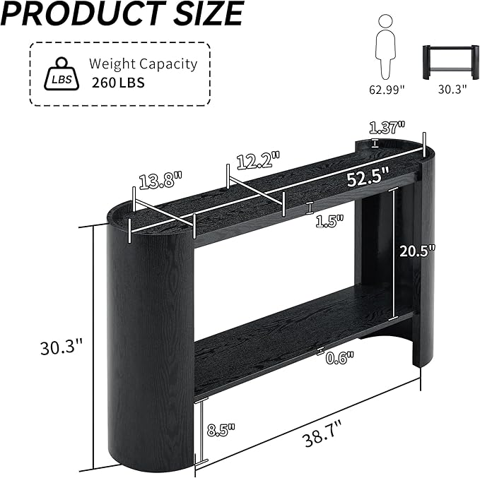 53 Inch Console Table, Modern 2-Tier Entryway Table with Rounded Corners, Narrow Sofa Table Behind Couch for Foyer, Hallway, Living Room,Black