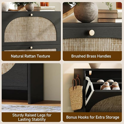 Nicetree Rattan Arched Accent Shoe Cabinet - Freestanding Ultra Slim for Entryway, 2 Flip Drawers & 3-Tier Adjustable Shelves, Farmhouse Modern Rustic Shoe Rack for Hallway Foyer Living Room, Black