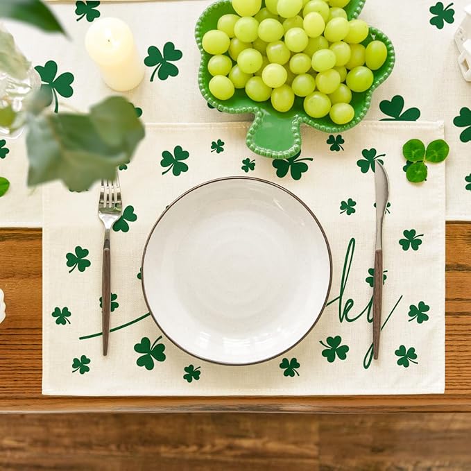 Artoid Mode Beige Lucky Shamrock St. Patrick's Day Placemats Set of 4, 12x18 Inch Seasonal Holiday Table Mats for Party Kitchen Dining Decoration