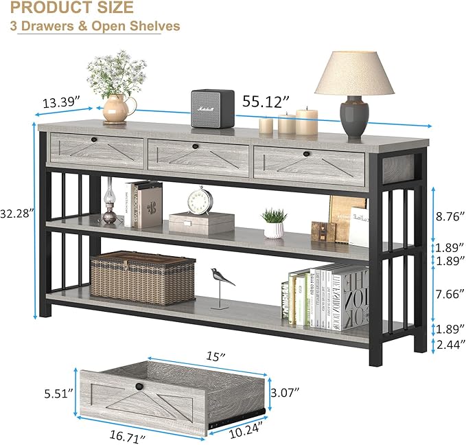 HSH Sofa Table with 3 Drawers, 55" Entryway Table with Storage Shelf, Console Table with Drawers Behind Couch for Living Room, Farmhouse Wood Metal Front Door Table for Entry Hallway, Light Grey Oak