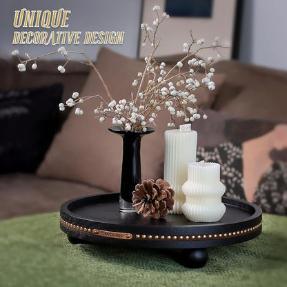 Farmhouse Decorative Round Tray, 11.81 Inch, Versatile Centerpiece Tray for Coffee Table Kitchen Living Room Bathroom, Home Decor Accent Black