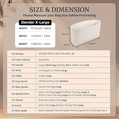 Purse Organizer Insert, Satin Tote Bag Organizer with 8 Sizes, Handbag Dividers for Inside Purse, Compatible with Longchamp, Neverful, 25C Hobo and More Bags（Slender X-Large,Craie）