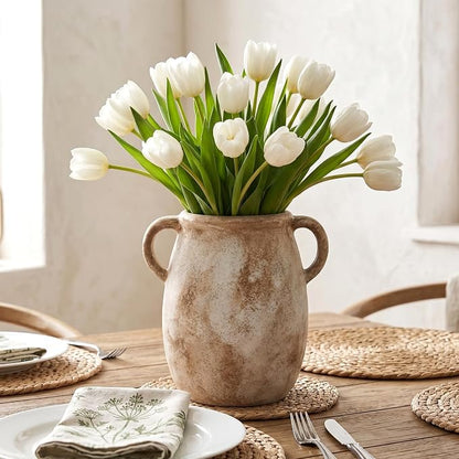 Ceramic Flower Vase with Handles, 7.9in Farmhouse Table Rustic Vases, Waterproof Pottery Clay, Flower Terracotta Vases for Home Decor, Living Room,Table, Handcrafted (Terracotta)