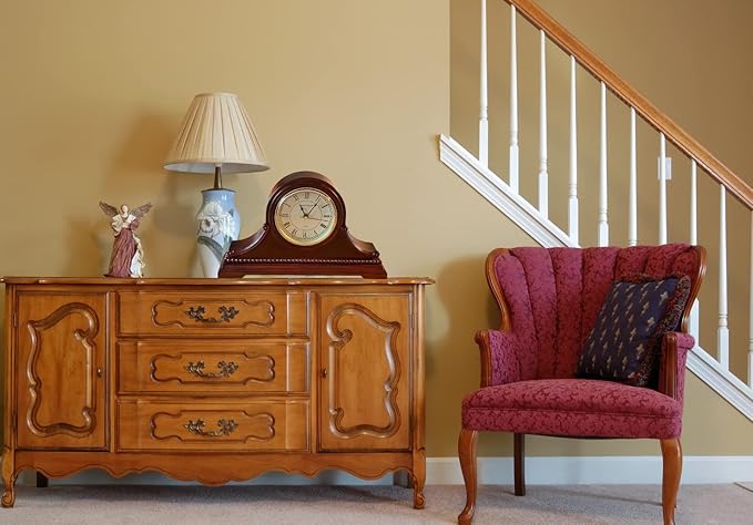 Mantel Clocks, Battery Operated, Silent Wood Table Clock with Westminster Chimes On The Hour, Solid Wooden Shelf Decorative Chiming Mantle Clock, 9" x 16" x 3" (Maroon Roman Numerals)